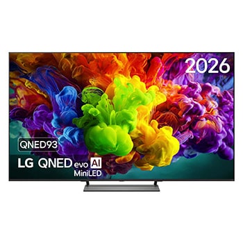 Vooraanzicht van 75 inch LG QNED evo AI QNED93 Mini LED 4K Smart TV 2026 75QNED93B6A
